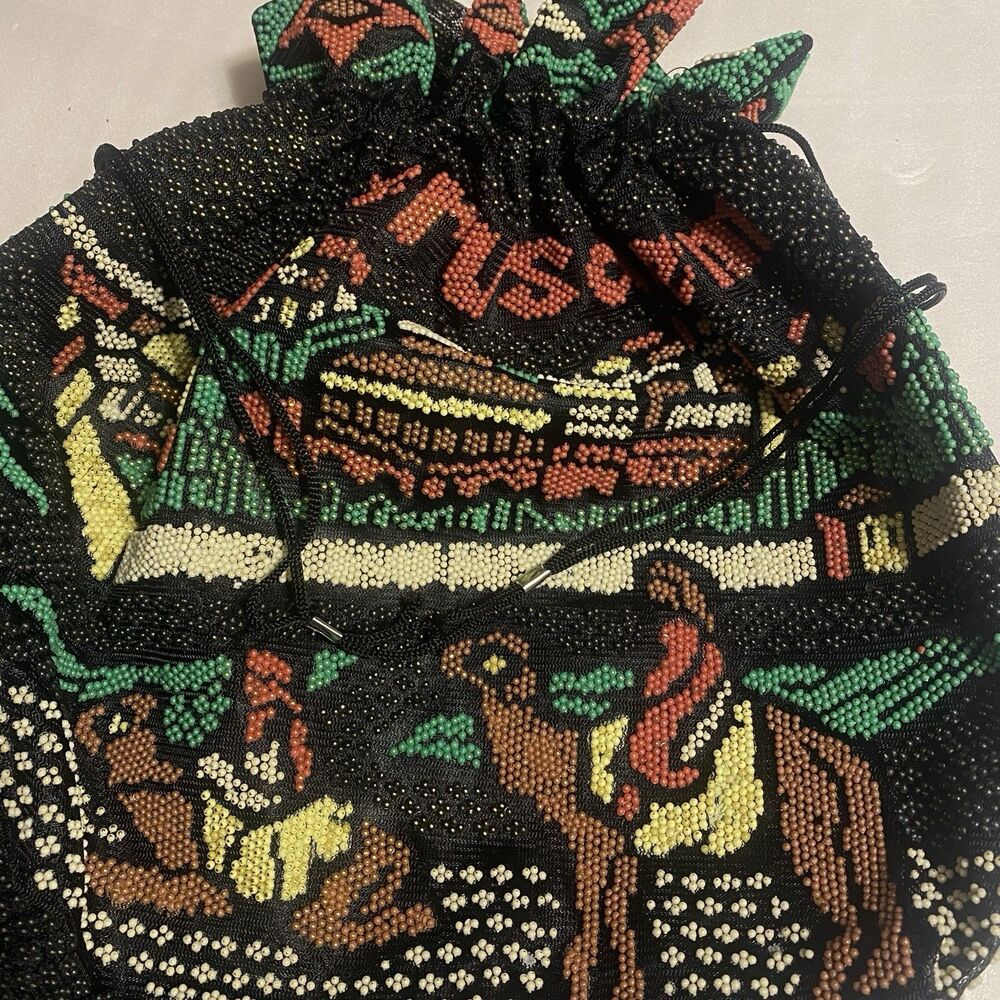 Jerusalem Hand Beaded Drawstring Shoulder Bag Israel Boho Camel Tote 16 In Vtg